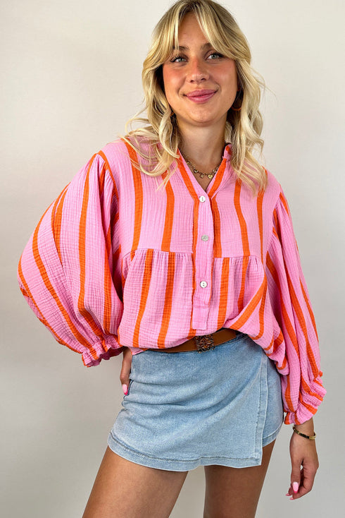 Stripe Crinckled Ruffled Sleeve Button up Loose Shirt